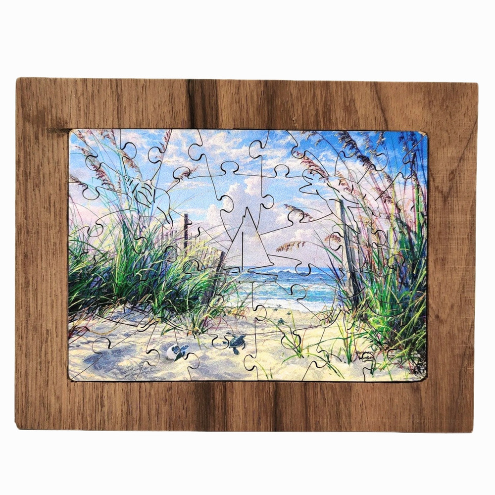 Wentworth Wooden Jigsaw Puzzle Into the Sea Framed 40 pieces Beachy Turtles Boat